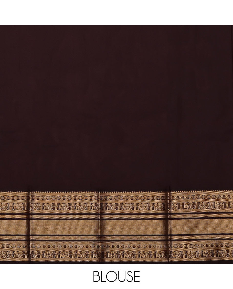Sandal Budget Silk Saree, Sparsely Threaded with Zari Buttas All Over Its Body, Complemented by a Contrast Traditional Zari Design Border, Grand Jaal Pallu, and Paired with a Contrast Blouse