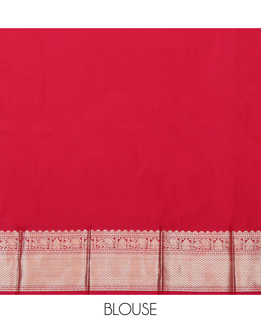 Green Budget Silk Saree, Sparsely Threaded with Zari Buttas and Checks, Complemented by a Contrast Traditional Zari Border, Grand Pallu, and a Contrast Blouse