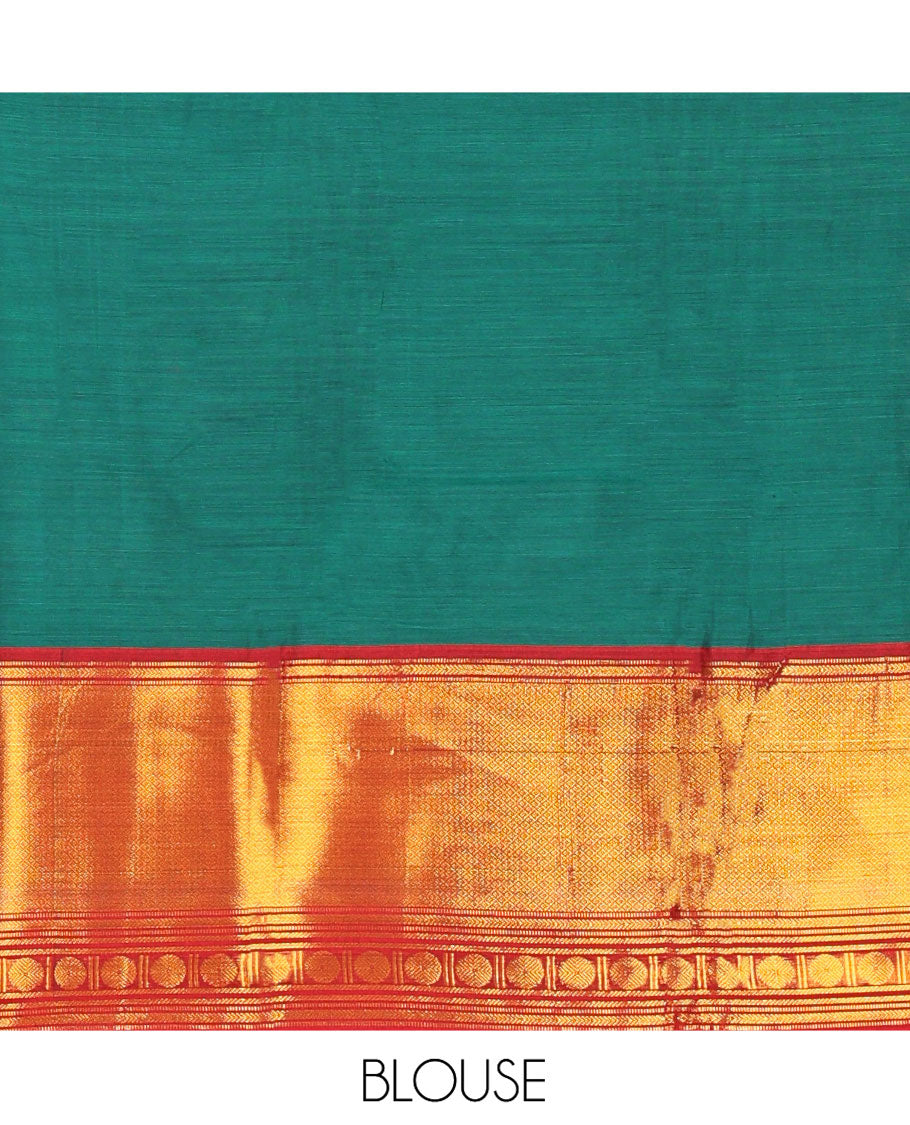 Green and Red Mercerised Cotton Half-Saree Featuring Plain Skirt, Adorned with a Contrast Peacock Eye-Rudraksham Motifs Woven Zari Border, Paired with a Matching Blouse, and Contrast Syska Georgette Dhavani with Zari Border