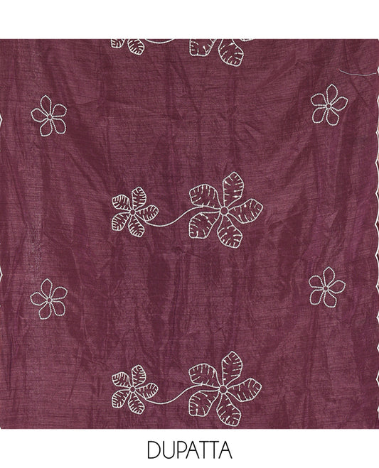 Wine Material Chudidar Set, Delicately Woven with Floral Thread Embroidered Mul Chanderi Top, a Mul Chanderi Bottom, Paired with Floral Thread-Embroidered Mul Chanderi Dupatta