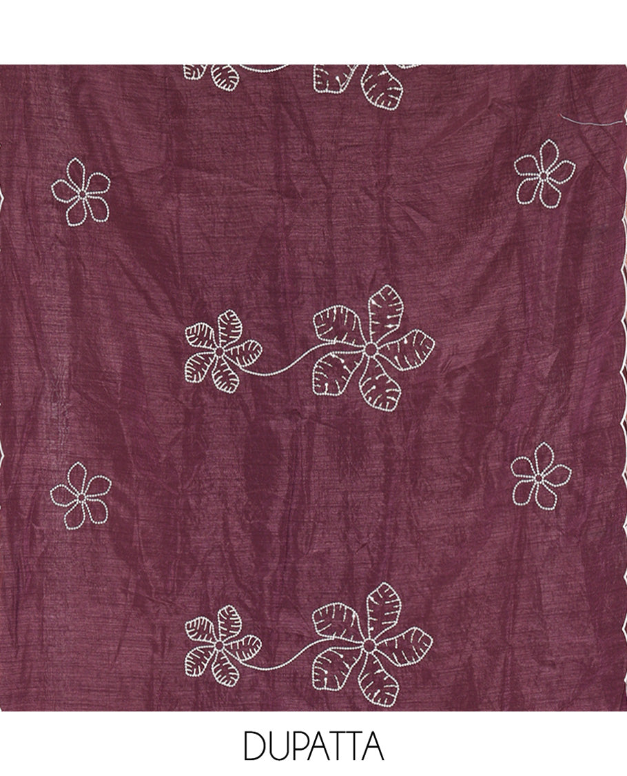 Wine Material Chudidar Set, Delicately Woven with Floral Thread Embroidered Mul Chanderi Top, a Mul Chanderi Bottom, Paired with Floral Thread-Embroidered Mul Chanderi Dupatta