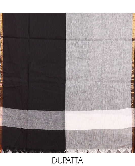 Black Handloom Cotton Material Chudidar Set Featuring Butta Enclosed Checked Top, Heathered Bottom, and Dual-Color Dupatta
