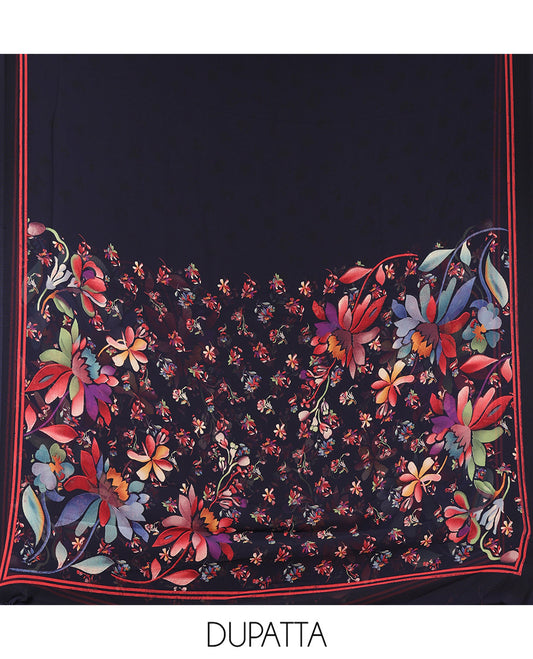 Navy Blue Italian Crepe Material Chudidar Set, Features Floral Motifs Top, a Plain Bottom, and Paired with a Kaleidoscopic-Colored, Floral-Printed Georgette Dupatta