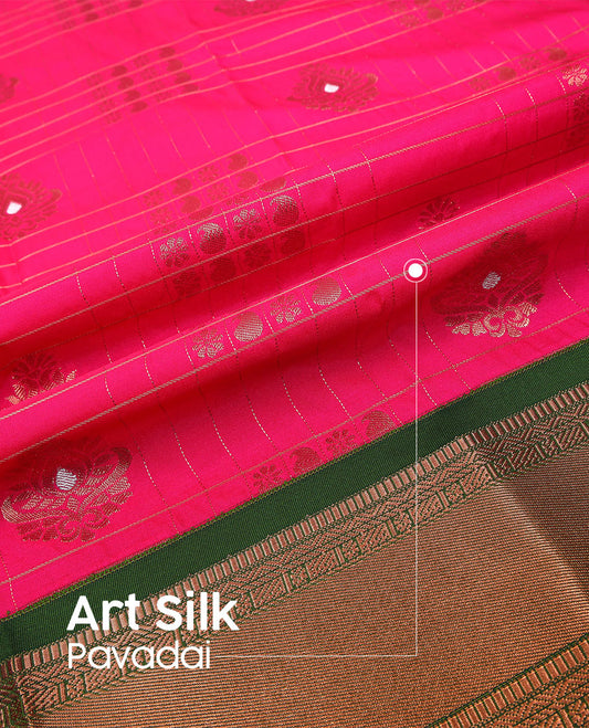 Pink art silk pavadai material set, zari design pavadai, contrast blouse & traditional zari border