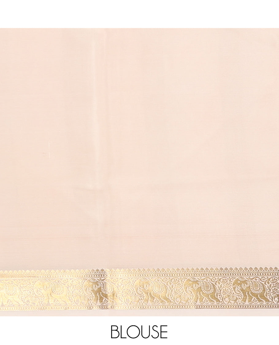 Red Plain Mysore Silk Saree, Complemented by a Contrast Elephant Zari Border, Zari Design Pallu, and a Contrast Blouse