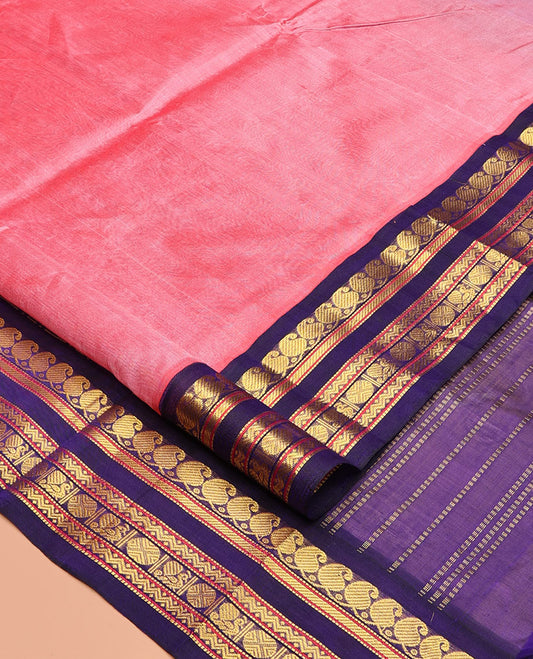 Pink Plain Kuppadam Silk Saree, a Contrast Traditional Zari Border, Grand Pallu, a Contrast Blouse