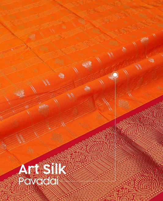 Orange  Art Silk Pavadai Material Set, Spotlighted with Zari Butta Enclosed Checks Skirt, Complemented by a Contrast Traditional Zari Design Border, and Paired with a Contrast Blouse
