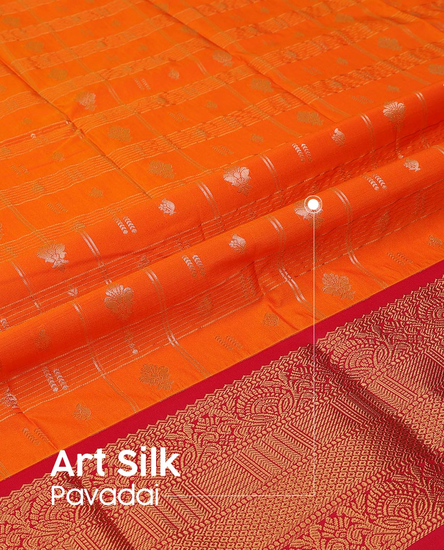 Orange  Art Silk Pavadai Material Set, Spotlighted with Zari Butta Enclosed Checks Skirt, Complemented by a Contrast Traditional Zari Design Border, and Paired with a Contrast Blouse