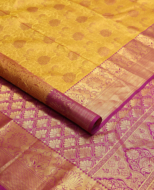 Mustard floral jacqaurd kancheepuram silk saree with contrast border of rekku, muthu, kuyil kann design & zari design pallu
