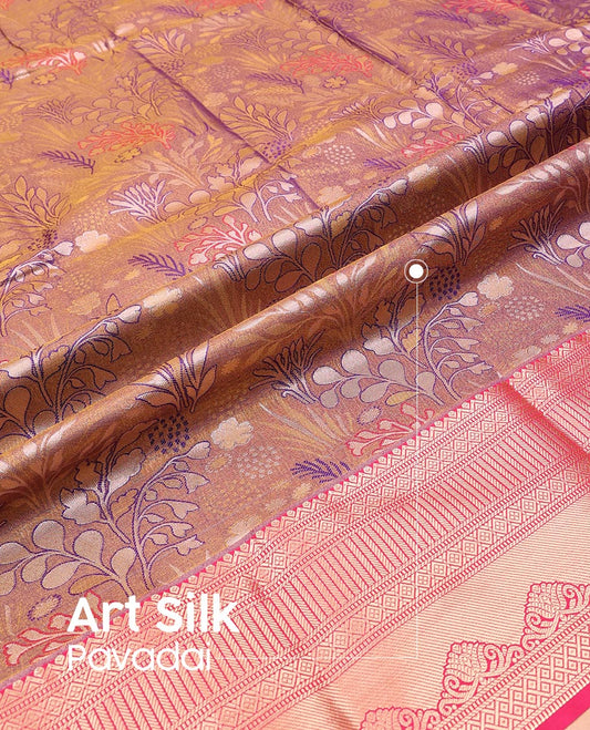 Violet Art Silk Pavadai Material Set Spotlighted with Jacquard Design on Its Skirt, Complemented by a Contrast Traditional Zari Design Border, and Paired with a Contrast Blouse