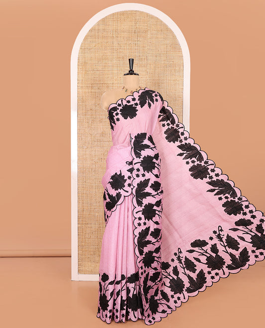 Pink Plain Fancy Kota Silk Saree Mesmerized with Floral Applique Embroidered Scallop Border, Applique Embroidered Pallu, and a Matching Blouse