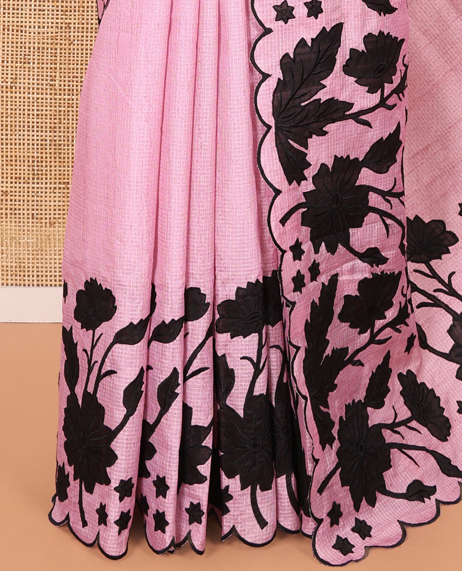 Pink Plain Fancy Kota Silk Saree Mesmerized with Floral Applique Embroidered Scallop Border, Applique Embroidered Pallu, and a Matching Blouse