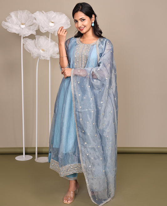 Grey Ready-Made Tissue Suit, Gleamed Up with Stonework, Embroidery, a Round Neckline, 3/4 Sleeves, and an A-Line Top, Paired with Straight-Cut Pants and an Embroidered Dupatta