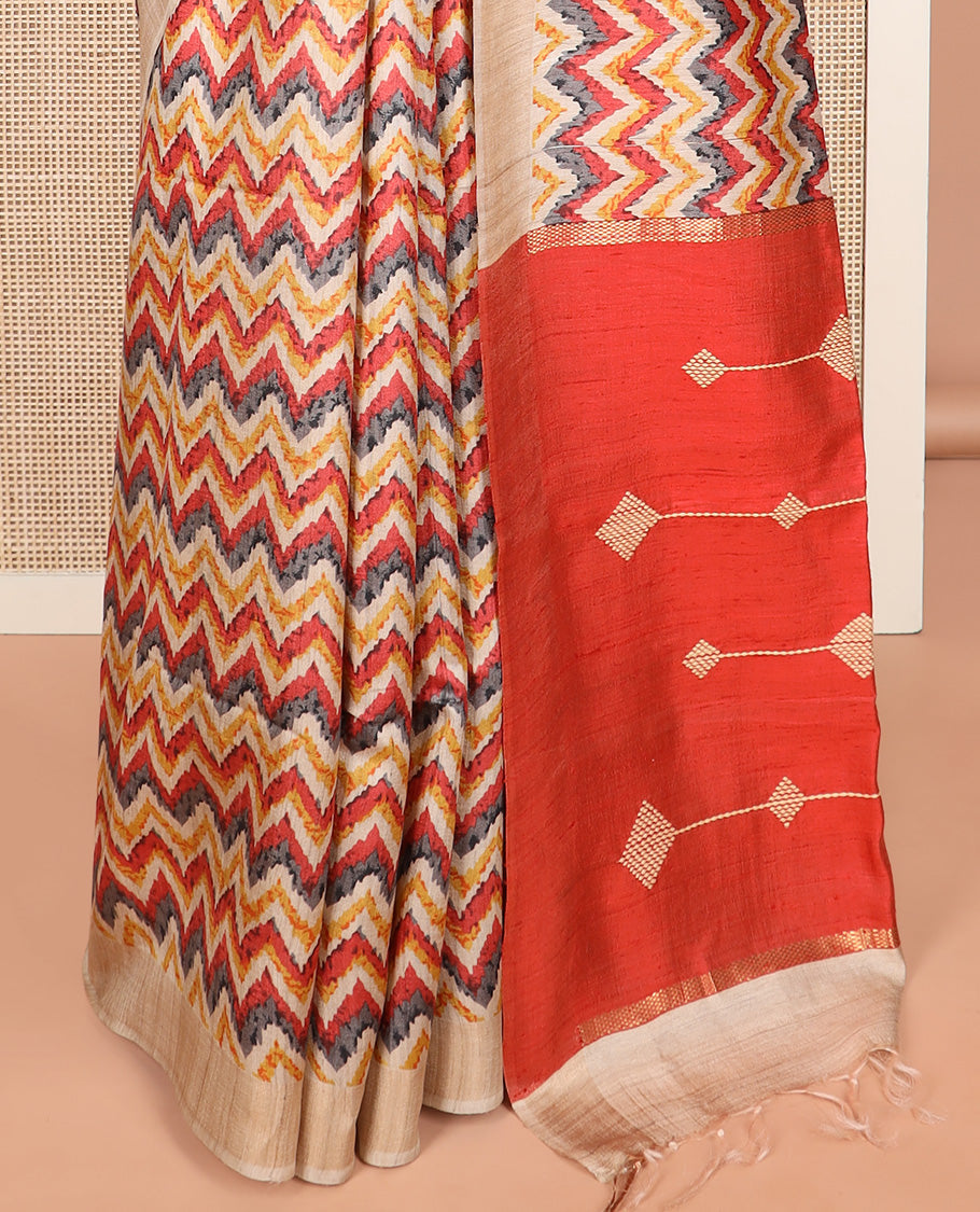 Multi-color chevron design printed tussar saree, contrast border, and pallu of stripes and diamond designs