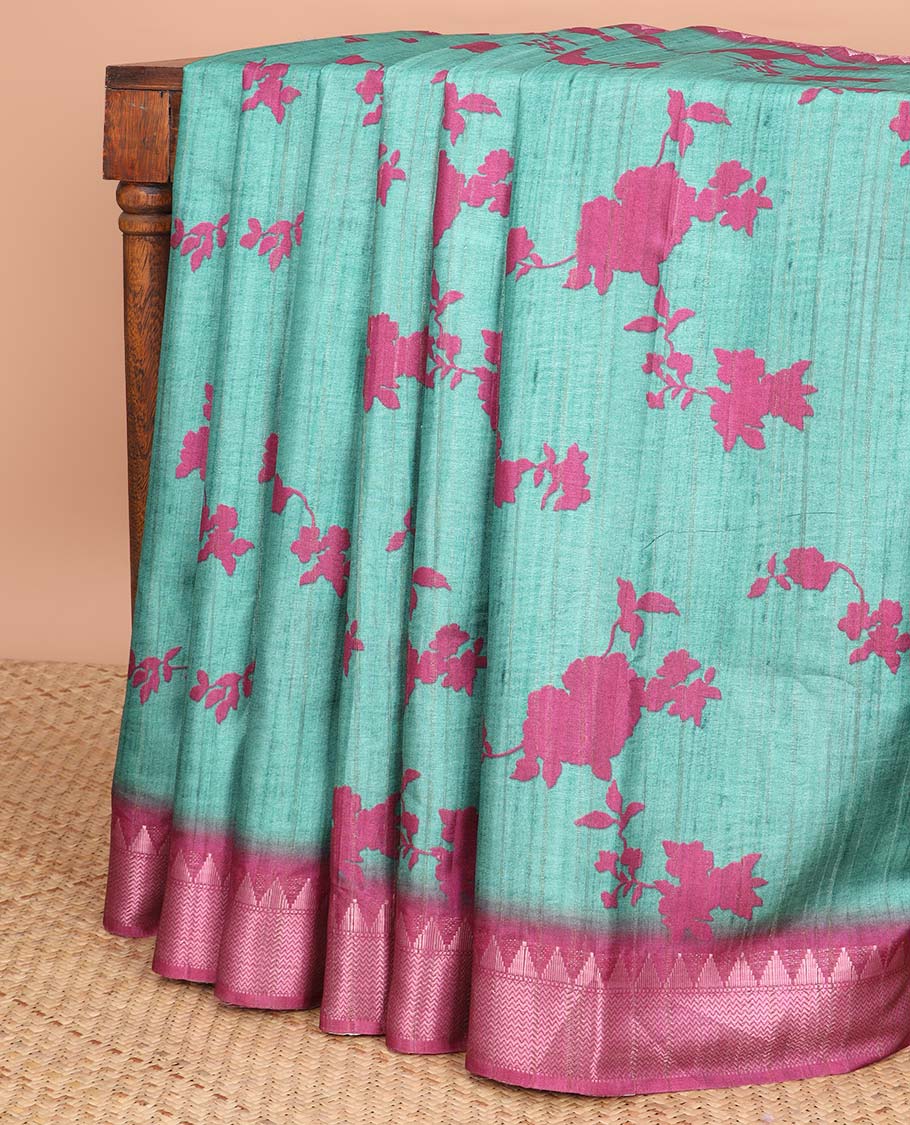 Green floral design semi-banaras tussar saree with contrast temple zari border & floral design pallu