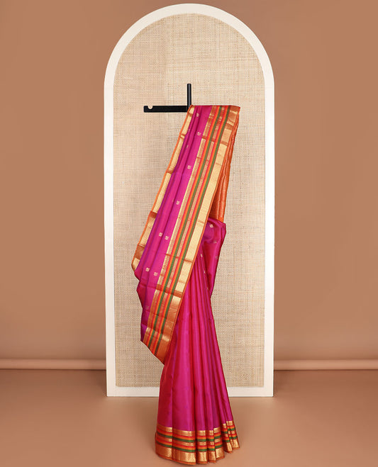 Pink striped & mayil zari buttas vasundhara silk mix saree, contrast jaal pallu & border of manga mokku,banaras & kuyil kann
