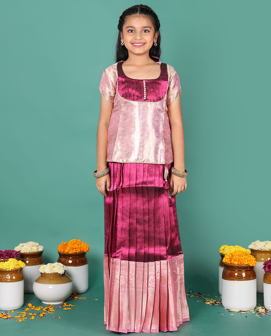 Wine readymade art silk pavadai, contrast traditional zari border skirt & jacquard round neck half-sleeve blouse