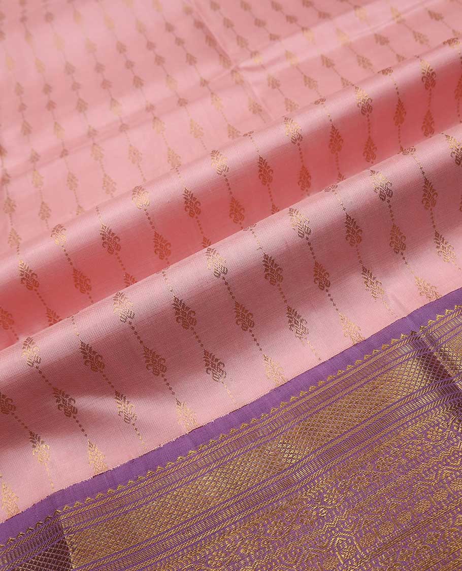 Peach puresilk halfsaree, zari buttas skirt, contrast border, blouse of rekku,banaras,muthu,mayil kann,rettai neli,poun,kathir,rudraksham, and kodi visiry, and zari woven dhavani