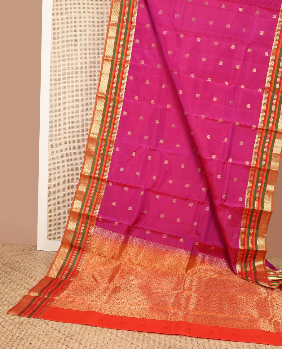 Pink striped & mayil zari buttas vasundhara silk mix saree, contrast jaal pallu & border of manga mokku,banaras & kuyil kann