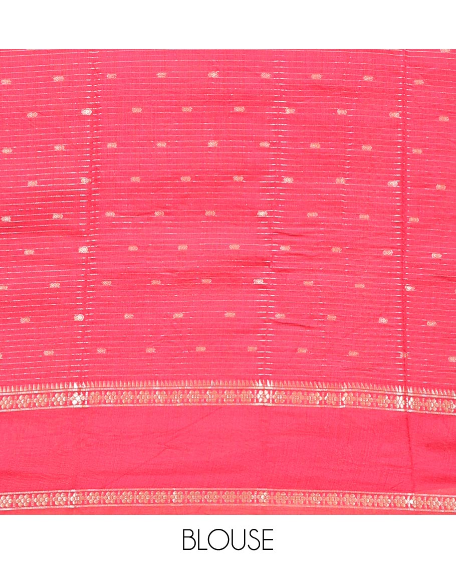 Pink Assam Silk Saree, Sparsely Woven with Buttas and Stripes, Highlighted by Traditional Zari Border, Zari-Striped Pallu, and a Contrast Blouse