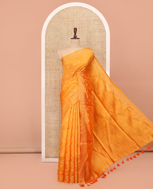 Orange Banana Pith Saree, Finely Woven with Buttas All Over Its Body, Subtle Self-Border of Stripes and Buttas, Pallu Steeped with Stripes, and Paired with a Matching Blouse