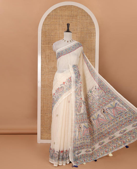Cream Madhubani-style flower motifs printed linen cotton saree, Madhubani village-theme motifs printed border & pallu & printed blouse