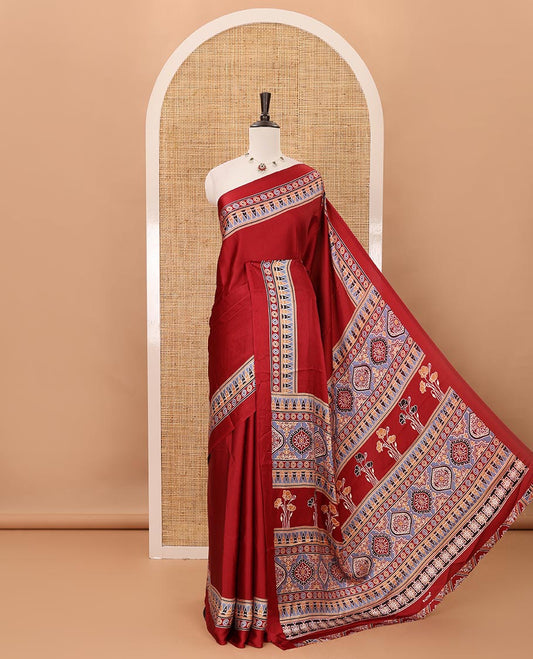 Maroon plain design modal satin saree, Ajrakh printed border, floral-Ajrakh printed pallu & Ajrakh printed blouse