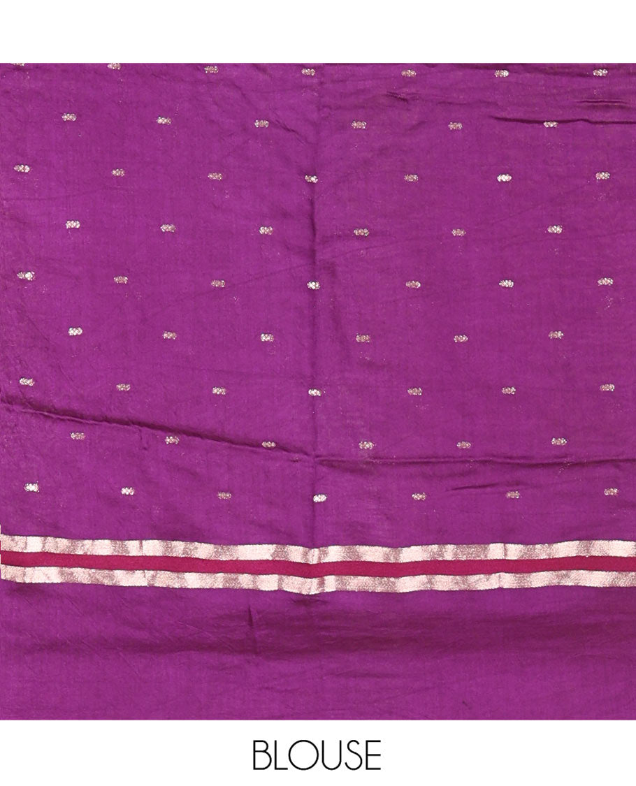 Red Assam Silk Saree, Elevated with Zari Buttas on Its Body, Complemented by Contrast Zari Striped Border, Pallu Steeped with Gleaming Zari Stripes and Buttas, and Paired with a Contrast Blouse