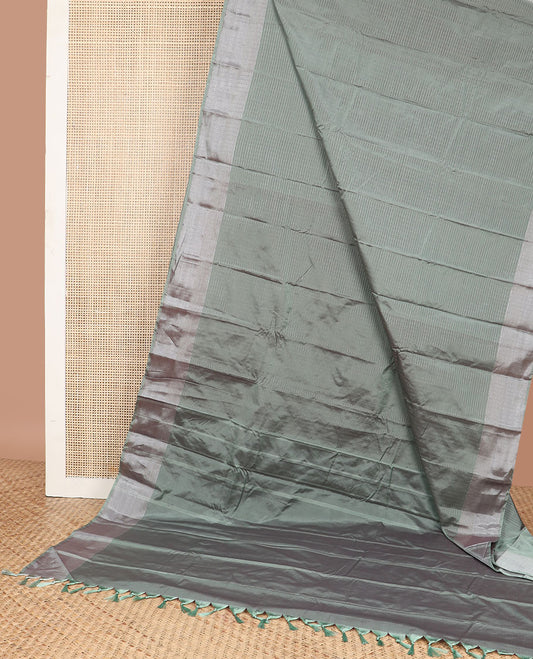Grey checked gift silk saree with contrast striped border & striped pallu
