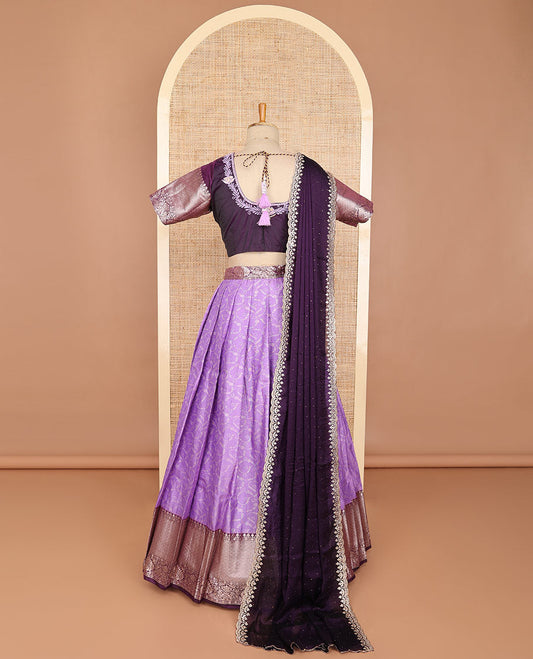 Purple floral art silk half saree with contrast zari design border, embroidery blouse & floral embroidery dhavani