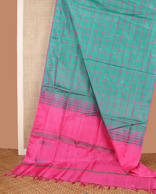 Borderless Green Banana Pith Saree, Subtly Enriched with Butta Enclosed Checks All Over Its Body, Complemented by a Contrast Pallu Depicting Stripes and Buttas, and Paired with a Contrast Blouse