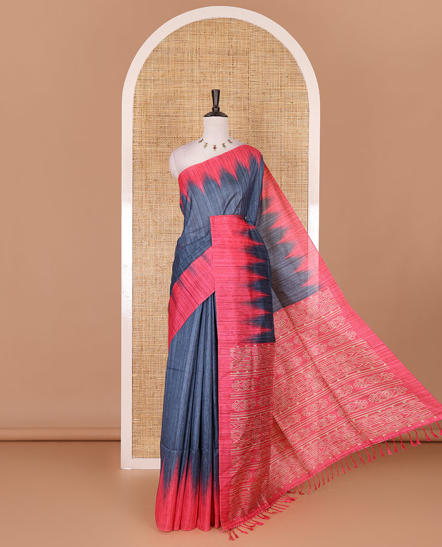 Blue full plain katan silk saree, contrast temple border, odisha style printed pallu, and contrast plain blouse