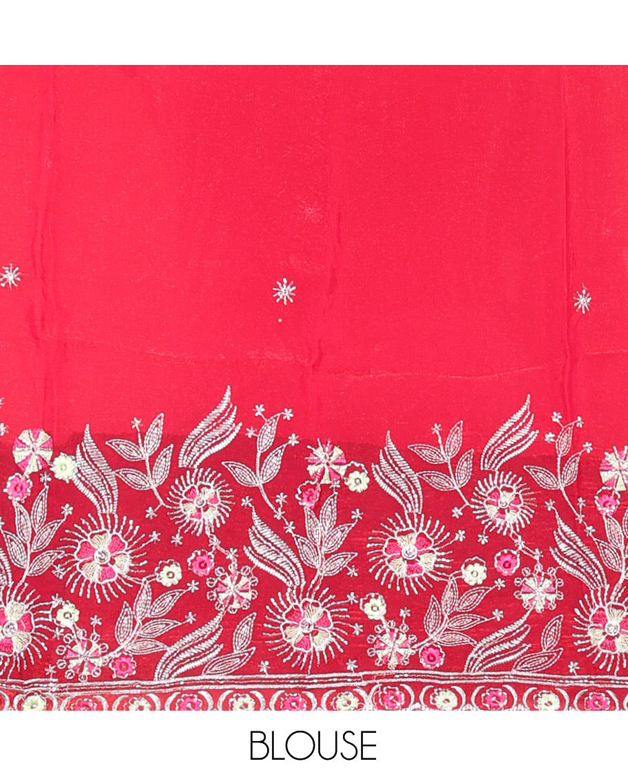 Borderless Pista Green-Pink Dotted Georgette Saree, Contrast Floral Printed Mirrorwork Pallu, and a Contrast Designer Blouse