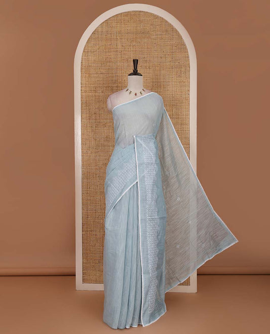 Blue diamond patterns white resham thread embroidered mercerised cotton saree, lace border, and matching plain blouse