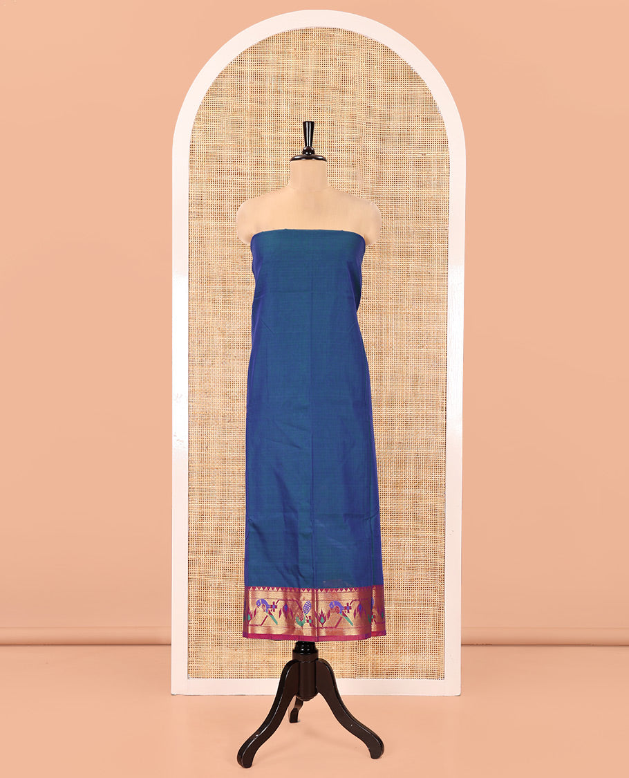 Blue Mercerised Cotton Material Chudidar Set, Elevated with Paithani Bordered Top, a Mercerised Cotton Bottom, and Paired with a Matching Mercerised Cotton Paithani Bordered Dupatta