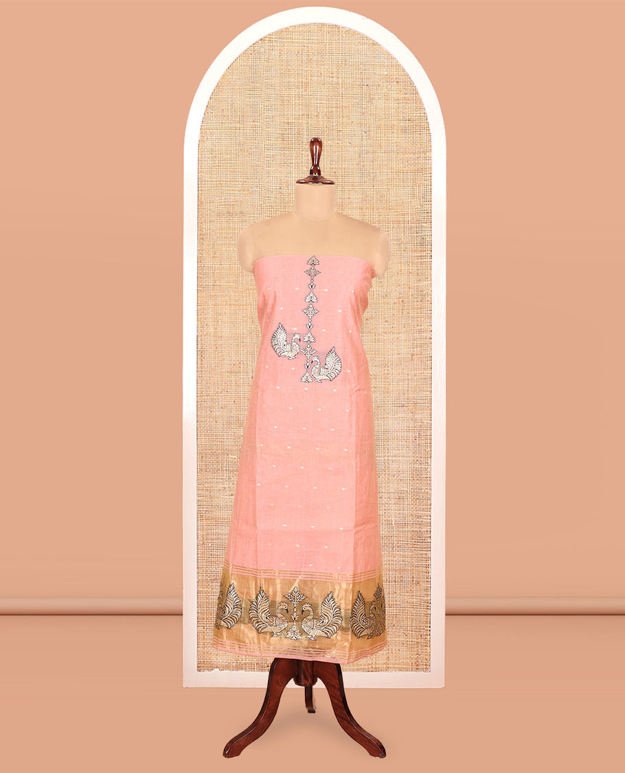 Peach Chanderi Material Chudidar, Zari Buttas and Annam Buttas Top, Matching Bottom, Annam Buttas Dupatta