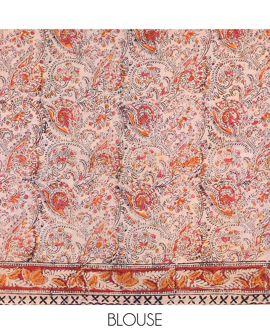 Multi-color floral design machine-printed kalamkari cotton saree with contrast floral border & intricate floral design pallu