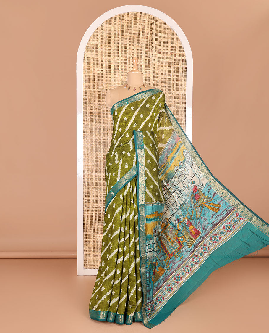 Green batik style lehariya stripes printed muslin silk saree, contrast peacock zari woven border, Mughal inspired painting style motifs printed pallu and a contrast blouse