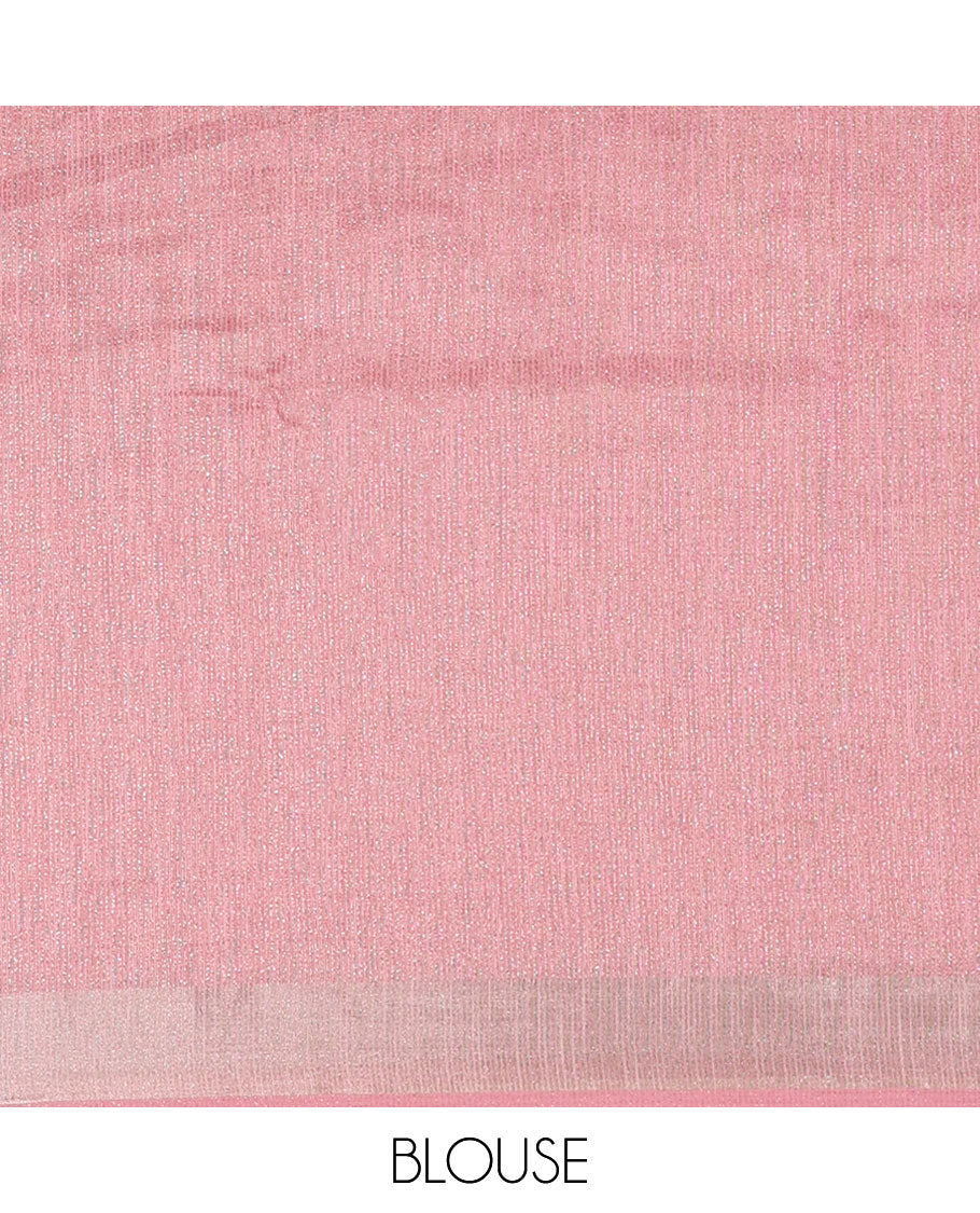 Pink Tissue Saree, Gleamed Up with Zari Striped on Its Body, Highlighted by a Zari Border, Pallu Steeped with Zari Stripes, and Paired with a Matching Blouse