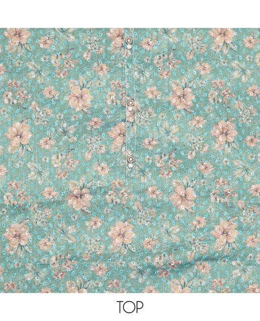 Light blue chudidhar material set floral thread embroiderytop, contrast plain bottom & sequins embroidery dupatta