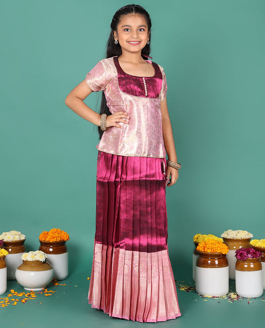 Wine readymade art silk pavadai, contrast traditional zari border skirt & jacquard round neck half-sleeve blouse