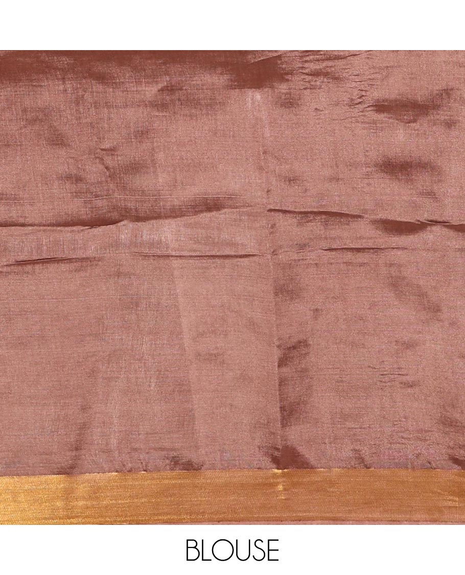 Coffee brown zari buttas banana pith silk saree, zari bavanji border, zari striped pallu, and a matching zari design blouse