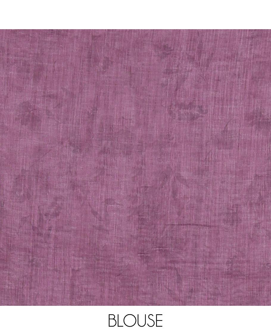 Light Purple Linen Cotton Saree, Featuring Flowers and Faces Printed on Its Body, Subtle Zari Piping Border, Pallu Mirrors the Self-Print, and Comes with a Contrast Blouse