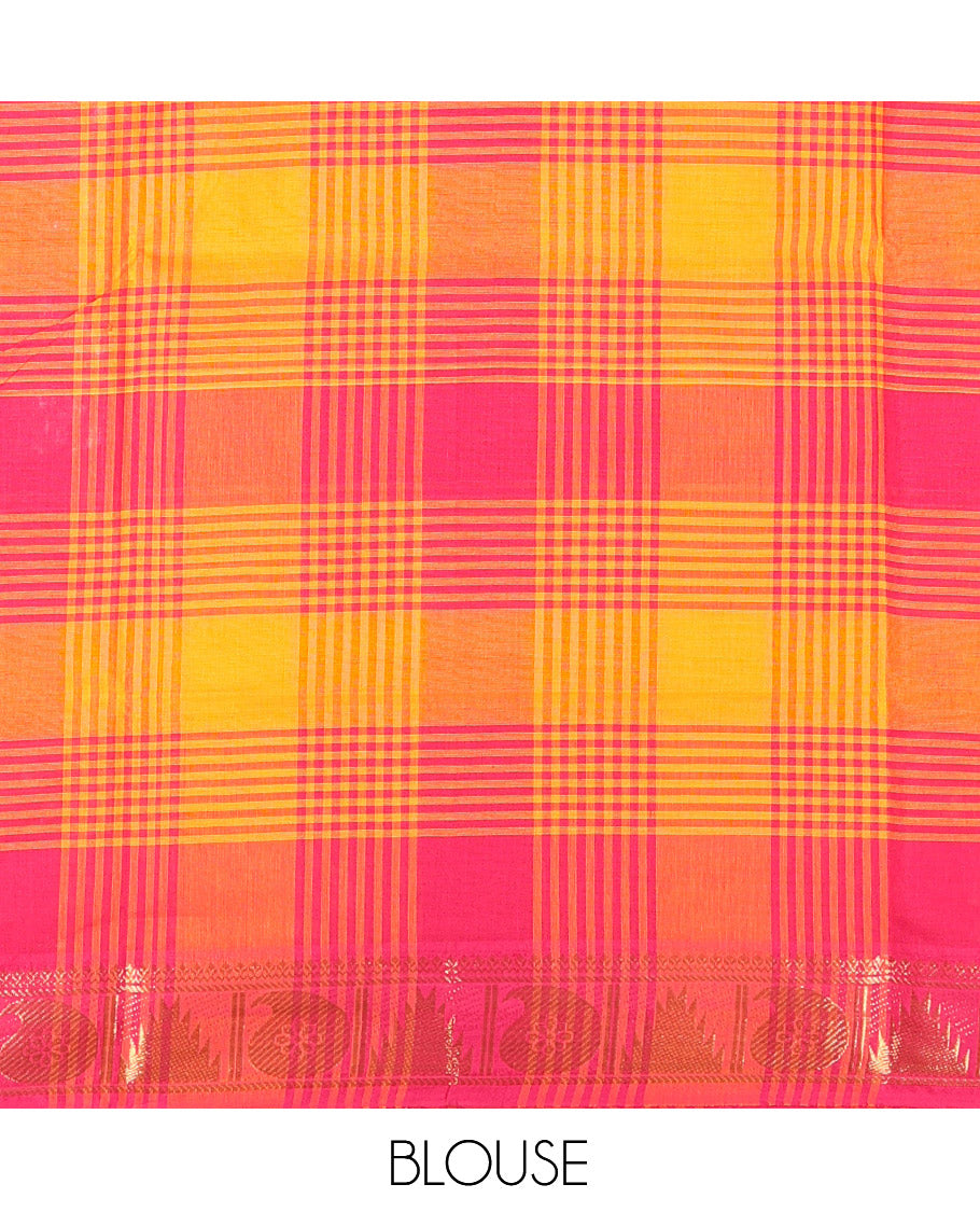 Yellow-Pink Chettinad Cotton Saree Features Checks, a Zari Border of Temple and Paisley Designs, Matching Blouse