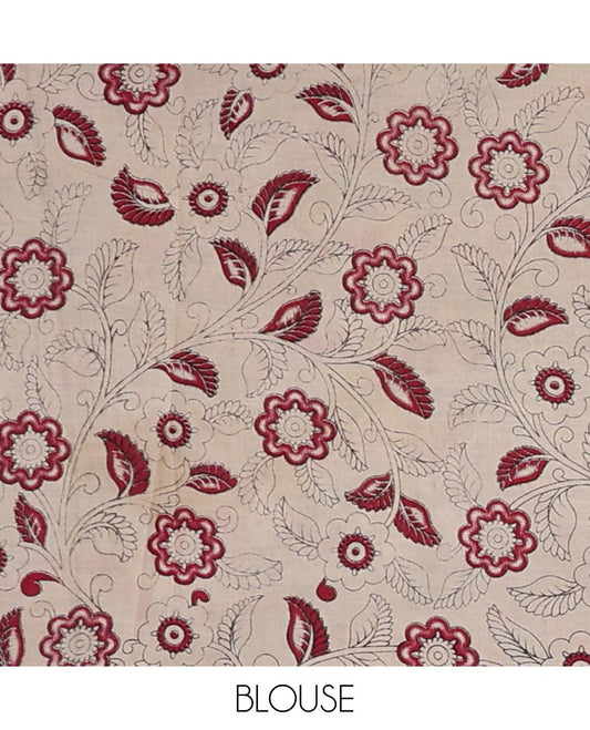 Green floral vine design machine-printed kalamkari cotton saree with floral design border & peacock, geometric design pallu