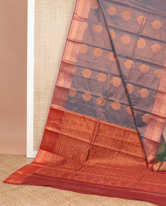 Dark grey tree motifs semi silk cotton saree with contrast floral design border & jaal design pallu