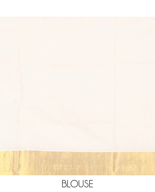 Cream Kerala Cotton Saree Gleamed Up with Zari Buttas All Over Its Body, Scintillating Zari Border, Pallu of Temple and Floral Designs, and Paired with a Matching Blouse