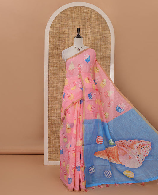 Pink cupcake & Ice Cream motifs printed Linen saree, piping border, contrast Cone Ice Cream motif printed pallu & blue printed blouse