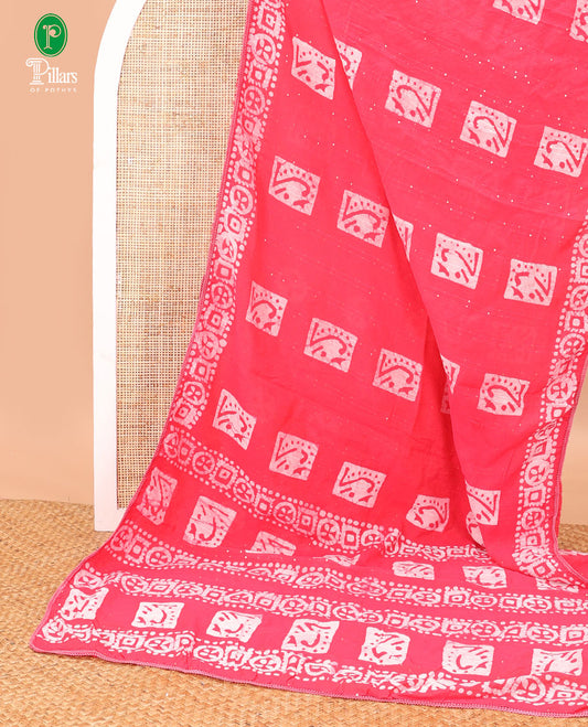 Pink pathick printed sequins work masraise cotton saree with lace printed border & pathiick print rich pallu along with running blouse