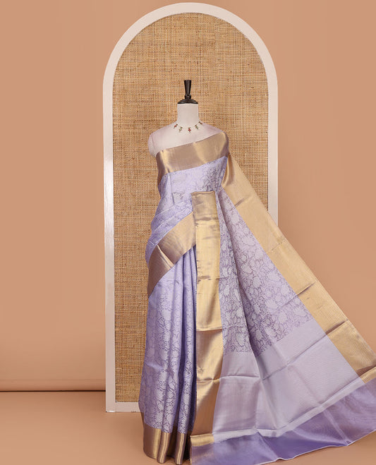 Lavender floral jaal design tissue saree, bavanji golden zari border, plain pallu & matching zari border blouse